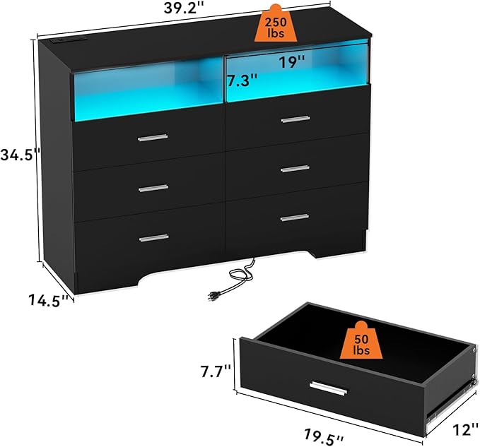 Dresser with Power Outlets and LED Lights Wooden 6 Drawer Dresser with Large Organizer Tall Black Drawer for Bedroom Modern Chest of Drawers Closet for Living Room Kids Room