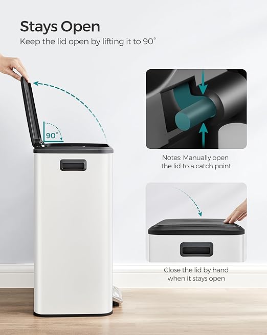 SONGMICS Kitchen Trash Can, 10.5-Gallon (40L) Garbage Can with Lid and Wide Foot Pedal, Soft Close and Stays Open, White ULTB541W40