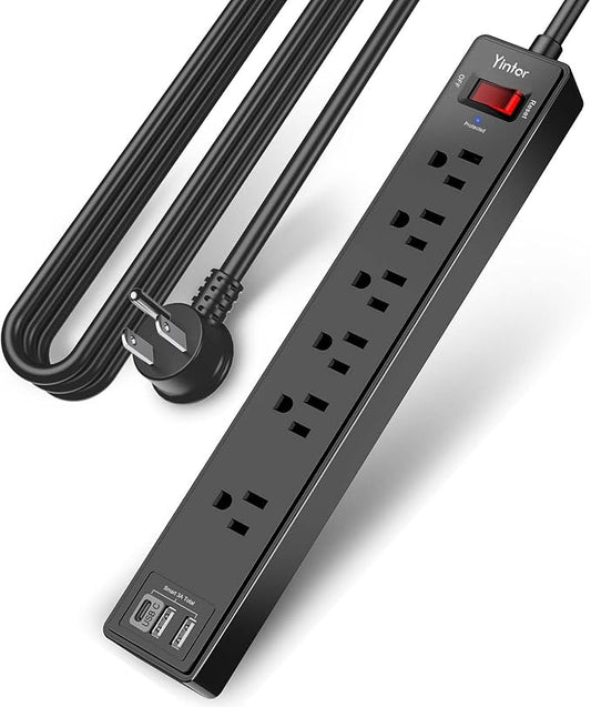 Surge Protector Power Strip (1680J) - Yintar 10Ft Extension Cord with 6 AC Outlets and 3 USB Ports(1USB C) for Home, Office, Dorm Essentials, ETL Listed, Black