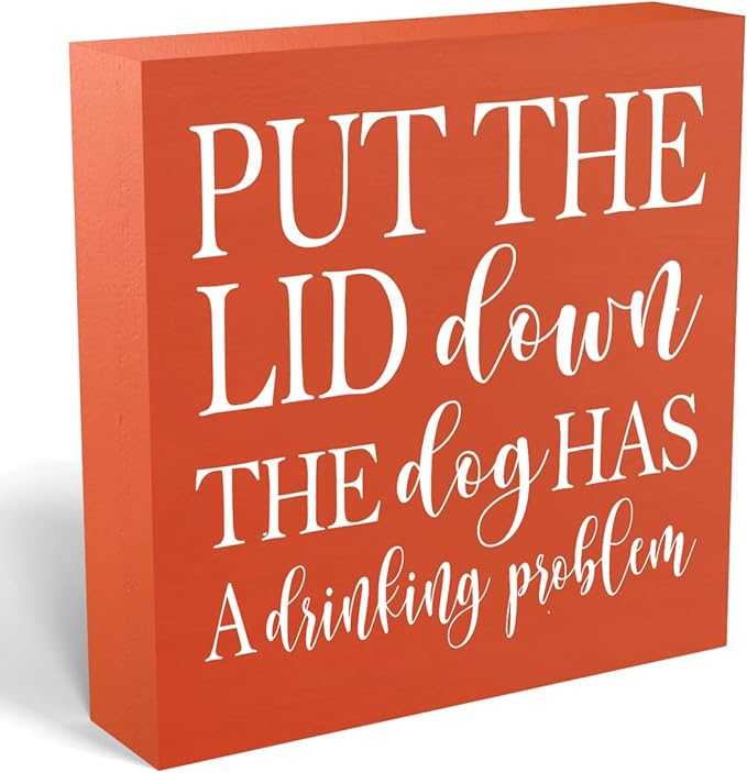 mmiishe Funny Home Decor for Bathroom, 'Put The Lid Down, The Dog Has A Drinking Problem' Sign, Rustic Wooden Decorative Sign, 5 x 5 Inches