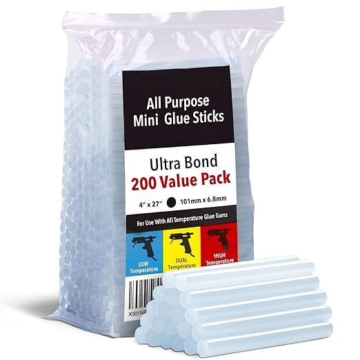 Artellius Mini Hot Glue Sticks - 4 in x 0.27 in, Pack of 200 - Universal Fit Glue Gun Sticks for Scrapbooking & Stamping Supplies - Fast-Melting Strong Bond with Adhesive Rods on Wood & Fabric