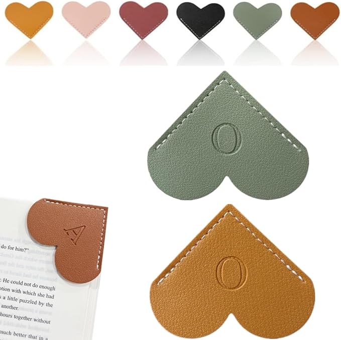 Personalized Leather Heart Bookmark, 26 Letters Customized Corner Book Mark for Reading Women, Book Marker with Initials，Cute Gifts (Green+Light Brown, O)