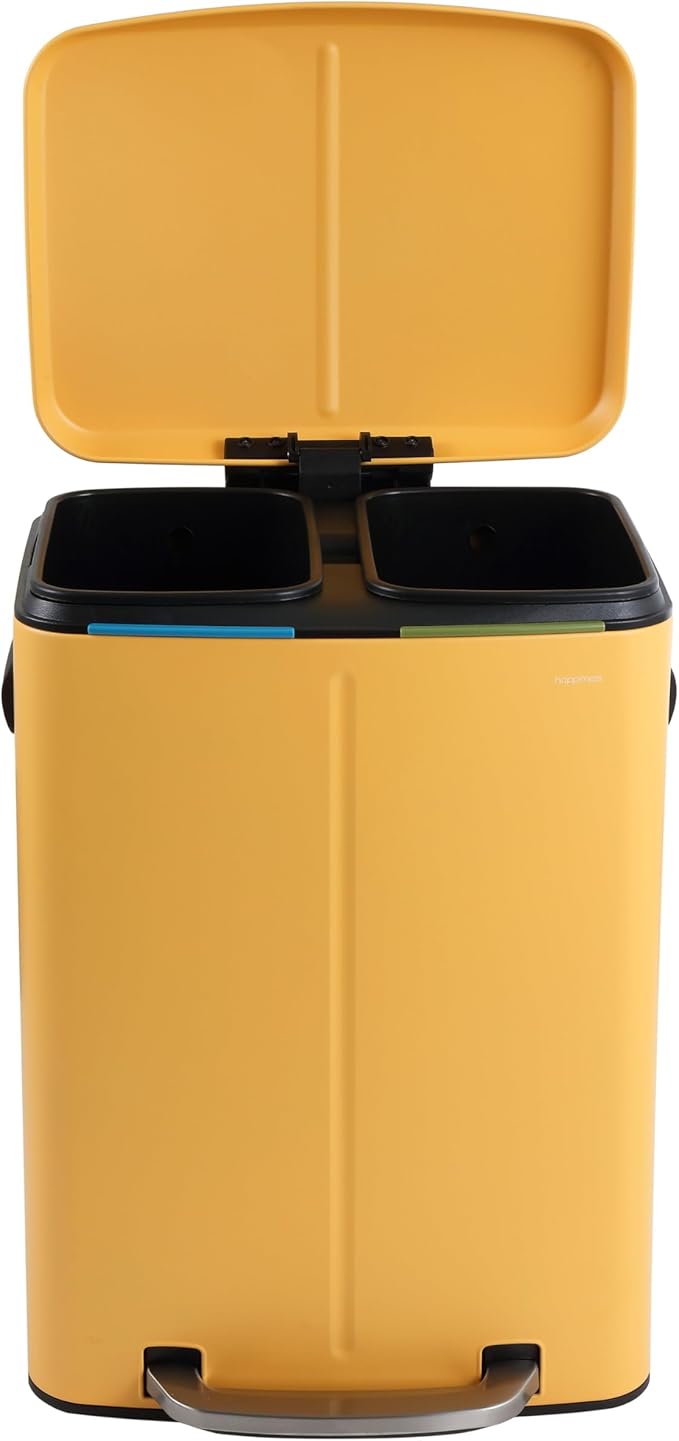 happimess HPM1005L Marco Rectangular 10.6-Gallon Double Bucket Trash Can with Soft-Close Lid, Daffodil Yellow for Home, Kitchen, Bathroom, Living Room, Office