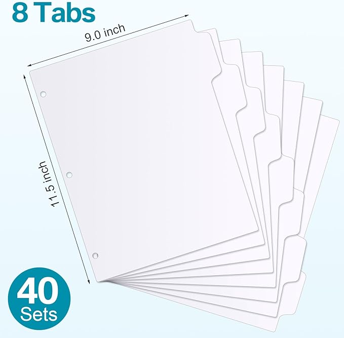 Fulmoon 320 Pieces 3 Ring Binder Dividers with Tabs 40 Sets 8 Tab Dividers for 3 Ring Binders Letter Size 3 Hole(White)