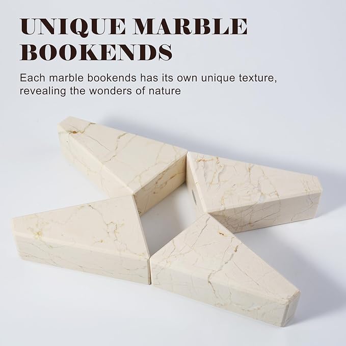 Koville Marble Bookends for Shelves, Large Bookends for Heavy Books, Non-Slip Heavy Duty Book Stopper for CD/Movies, Aesthetic Decorative Bookends for Shelves Table Home Decor(Beige)