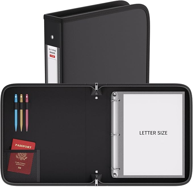 Fireproof 3 Ring Binder with Zipper, 1.5 Inch D Rings Hold up 375 Sheets of 8.5" x 11" (A4), Compatible with Clear Page Protectors, Built-in Net and Pen Holder(Black, 1 Pcs)