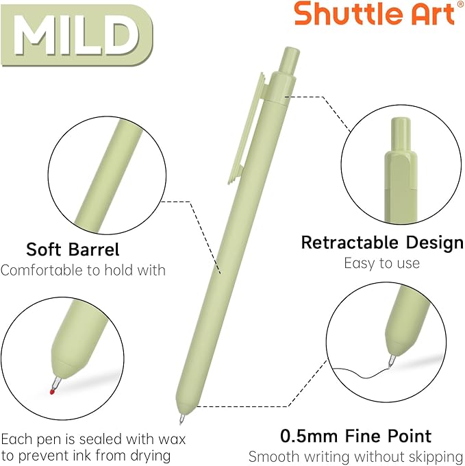 Shuttle Art Retractable Mild Gel Ink Pens - 11 Pack Black Fine Point Pens for Journaling, Taking Notes, School & Office