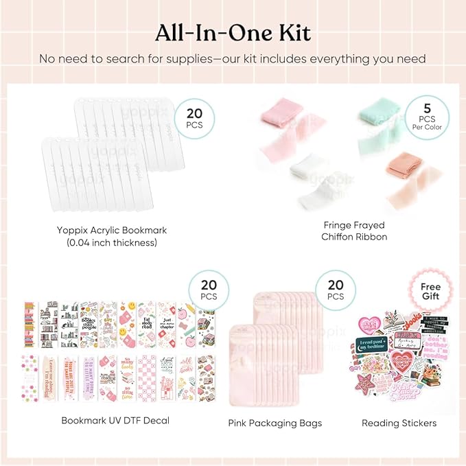 6x2” Acrylic Bookmark Blanks- 20 Set Bookmark Making Kit with 20 UV DTF Stickers About Booklover Theme 20 Ribbon 80 Bookish Stickers for DIY Your Crafts Gift for Book Lover