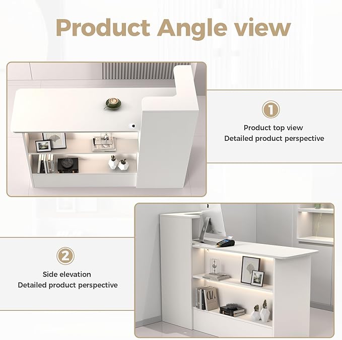 Modern Reception Desk with LED Lights - 59" Front Desk Reception Counter with Dual Display Shelves & Hidden Cable Management, Lockable Drawer & Storage Cabinet for Office, Salon, Spa, Retail, Right