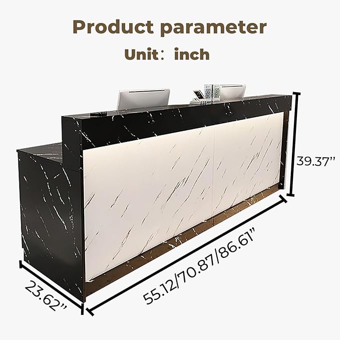 Modern Reception Desk Front Desk with LED Strip Lighting, Lockable Drawers, and Versatile Storage for Office, Checkout (White + Black Maple/Storage Type, 70.87" L*23.62" W*39.37" H)