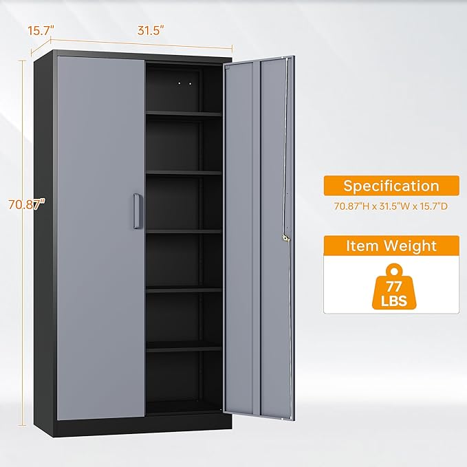 STANI Metal Garage Storage Cabinet with Lock, 71" Steel Lockable File Cabinet, Locking Steel Storage Cabinet with 4 Adjustable Shelves for Home, Office, Warehouse, Garage, School