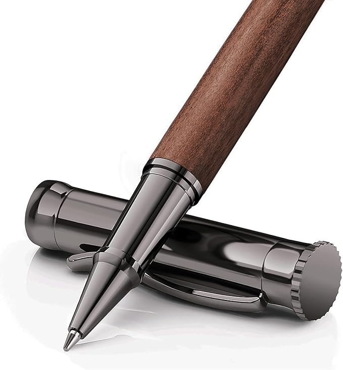 WEMATE Wood Rollerball Pen Set, Extra 2 Ink Refills(1 Black & 1 Blue), Fancy Writing Pen Nice Luxury Office Gift for Men, Professional and Executive, Cool Wooden Pen for Journaling - Bubinga