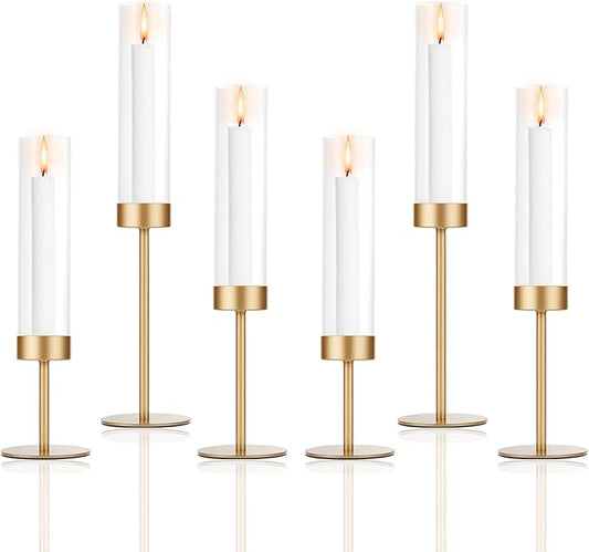Set of 6 Gold Candle Holders, Tall Hurricane Candlestick Holders with Glass for Taper and Pillar Candles, Home Decor for Wedding, Christmas, Party, Anniversary, Dining Table