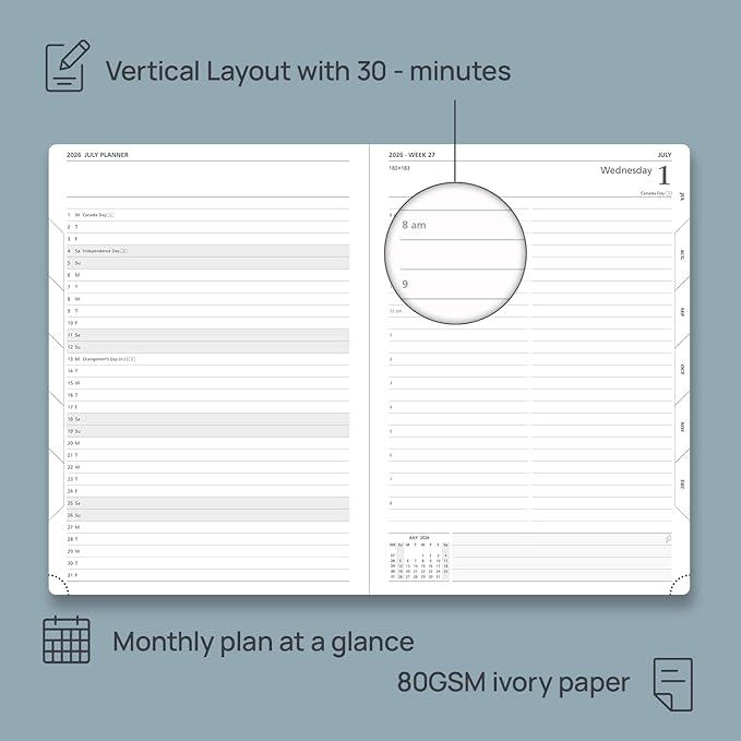 POPRUN 2026 Daily Planner One Page Per Day Even Weekends A4 Large Size (8.5" x 12") - 12 Months Calendar Hourly Appointment Book with Inner Pocket, Pen Holder, Hardcover - Black