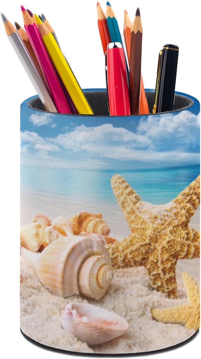 Beach Starfish Seashell Pen Holder Pencil Organizer Cute Pencil Cup Desk Decor Makeup Brush Holder PU Multifunctional Office Suppliesfor Home Classroom School