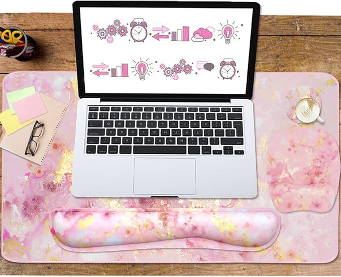 Keyboard Wrist Rest Large Mouse Pad Wrist Support for Computer, 4 in 1 Memory Foam Keyboard Pad Desk Mat Ergonomic Hand Rest Wrist Cushion for Home Office Gaming - Pink Gold
