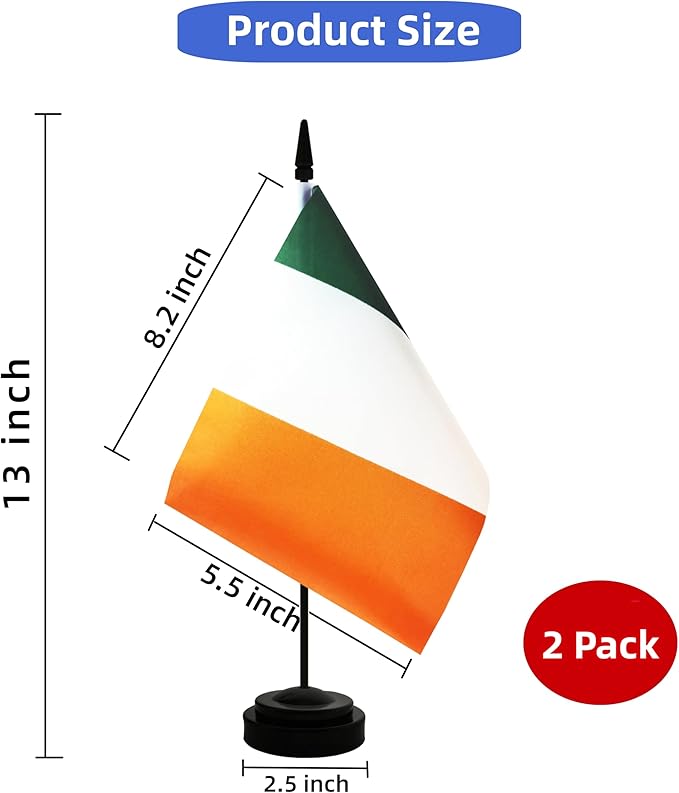 2 Pack Ireland Desk Flag, Irish Table Office Flag with Solid Pole and Stand Base, International Country Flag, Festival Celebration, Classroom Meeting Desktop Decoration (Ireland)