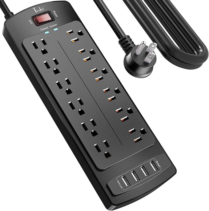 Power Strip, Tcstei Surge Protector with 12 Outlets and 4 USB Ports, 10 Feet Extension Cord (1875W/15A) for Home, Office, Dorm Essentials, 2700 Joules, ETL Listed, Black