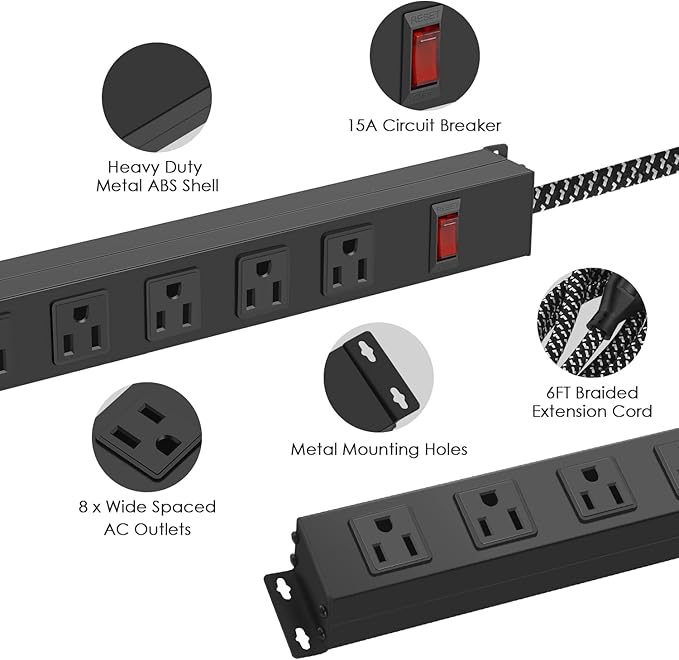 8 Outlet Power Strip - Metal Power Strip with Switch,Wide Spaced Moutable Surge Protector 1200J,6ft 14Awg Braided Cord,Home Office Industrial Garage Commercial