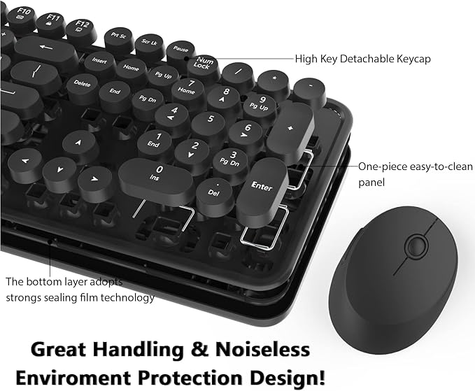 Wireless Keyboard and Mouse, KOOTOP Cute Black Keyboard and Mouse, 2.4G Wireless Keyboard with Retro Round Keycap for PC, Mac, Laptop,Tablet,Computer Windows (Black)
