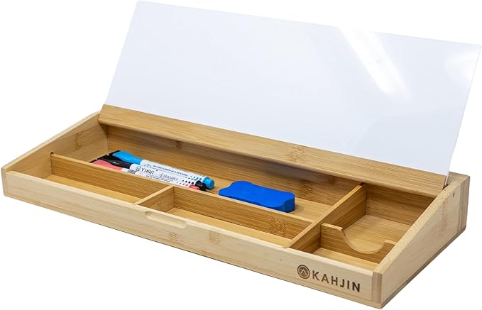 Desk Whiteboard with Storage - 16.2" x 6.7" x 2" with 3 Markers and 1 Eraser, Small Whiteboard for Desk - KAHJIN Natural Bamboo Dry Erase Board with Organizer for Office, Home, or School Essentials