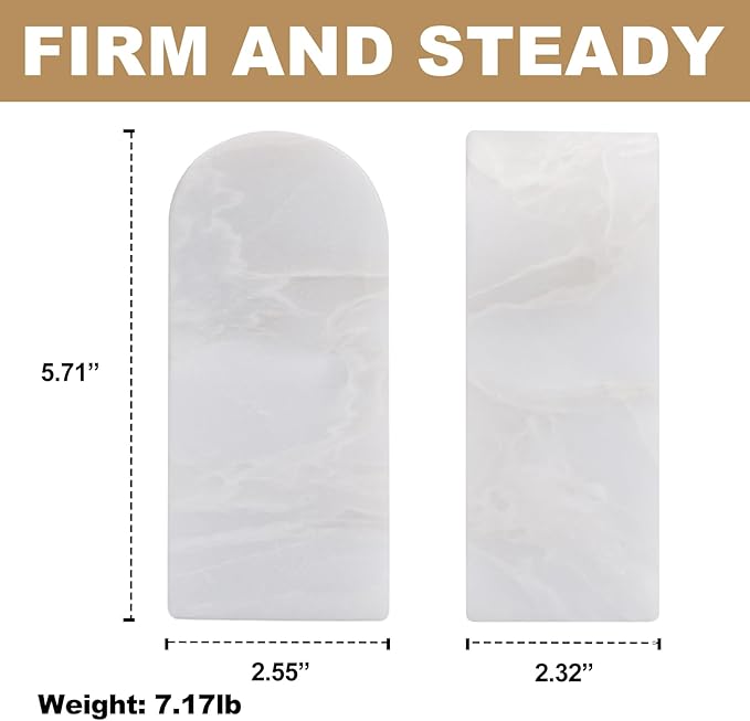 Koville African Natural Marble Bookends for Shelves, Decorative Book Ends, 7lbs Heavy-Duty Marble Book Holders, Bookshelf Apartment Decor for Normal Books/CD/Video Games(Bianco Fiora)