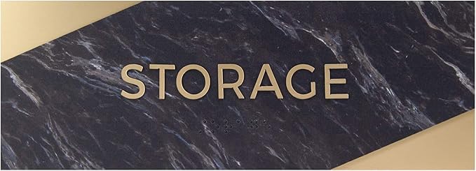 Storage Sign With Braille/Small Business Easy Adhesive Mount Door And Wall Sign / 3" x 9" / Dark Marble Design