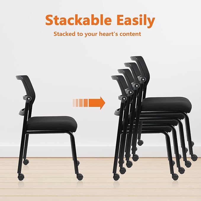 CLATINA Stacking Chairs 8 PK, Adjustable Backrest Stackable Mesh Office Waiting Room Armless Chair with Wheels for Guest Reception Conference Lobby Side School, Black