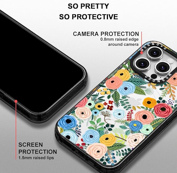 MOSNOVO Magnetic Case for iPhone 16 Pro, 10ft Military-Grade Protection, Compatible with Magsafe, Shockproof Phone Case for iPhone 16 Pro - Pastel Floral Garden - Clear Black