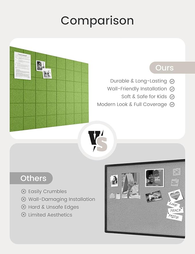 Bumusty Large Cork Board Alternative-47 x35 Felt Bulletin Board Tiles, with 30 Pushpins, 70 Adhesive Tabs, 12-Pack Slat Wall Paneling, Cork Boards for Office Push Pin Board Felt Board-Grass Green