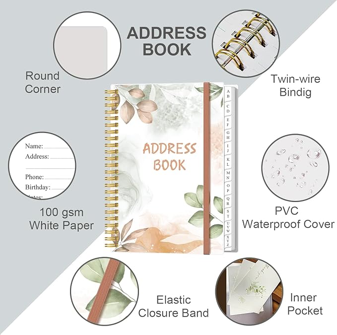 Address Book with Alphabetical Tabs - A5 Telephone & Address Book with Address Contacts, Special Date, Phone, Birthday & Internet Login Password for Home and Office, 6.2" x 8.5", Rose Leaf