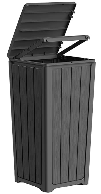 Outdoor Trash Can with Lid, Waterproof Resin Garbage Can with Tiered Lid, Outside Trash Bin for Patio, Kitchen, Backyard or Deck