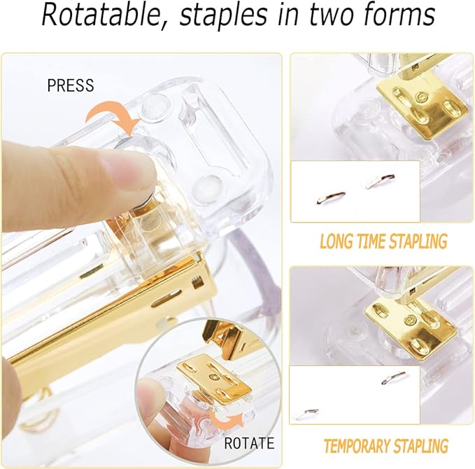 Gold Desk Accessories, Acrylic Stapler, Staple Remover, Tape Holder, Pen Holder, Ballpoint Pen, Scissor, Binder Clips, 1000pcs Staples, Phone Holder, Ruler, Transparent Glue and 300 Notes