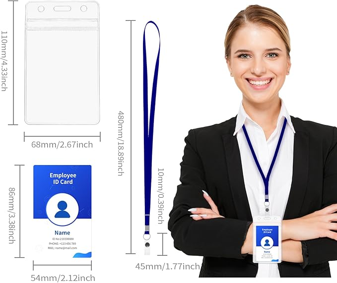 RexID 100 Pcs Vertical ID Holder Badges Name Tags,Waterproof Clear Plastic ID Card Holders with Blue Lanyard (100 Pcs (Vertical), Blue)