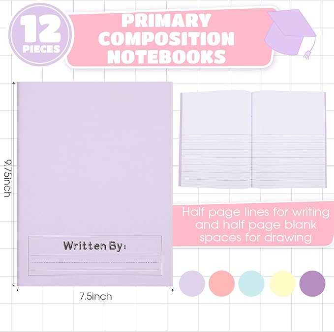 Henoyso 12 Pcs Primary Composition Notebook K-2 9 3/4 x 7 1/2 Inch Primary Journal, Back to School Supplies, Bulk Blank Writing Book for Kid to Write Draw Journal 60 Page Notebooks (Soft Color)