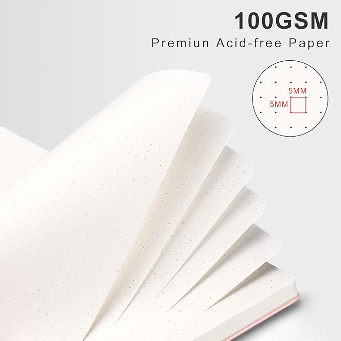 AHGXG Bullet Dotted Journal Spiral Notebook, Hardcover Leather Dotted Notebook 140 Pages, A5 Dot Grid Paper Notebook, 100 gsm Thick Paper, for Bullet Journaling, 5.7" x 8.3", Rose Gold