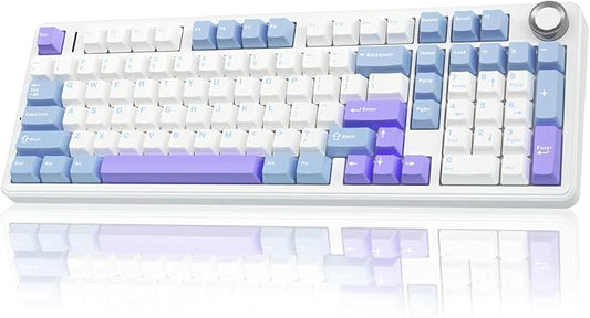 AULA F99 Pro Wireless Mechanical Keyboard with Knob,Tri-Mode BT5.0/USB-C/2.4GHz Hot Swappable Keyboard,Pre-lubed Switches,RGB Backlit Computer Gaming Keyboards (White&Blue&Purple)