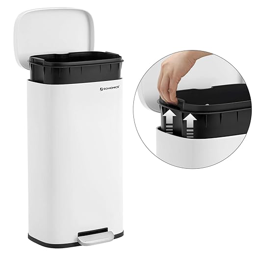 SONGMICS Trash Can with Lid, 8 Gallon Garbage Can, Stainless Steel Small Waste Bin with Step Pedal and Inner Bucket, Soft Close, Kitchen, White ULTB102W01