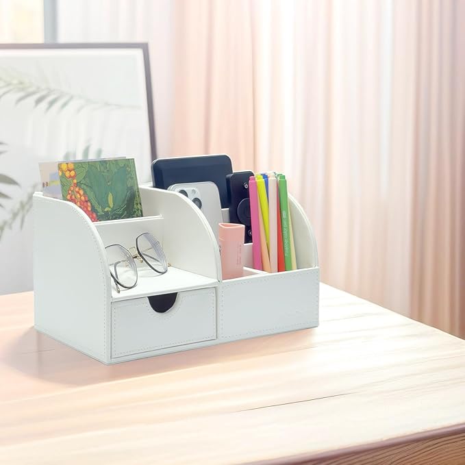 UnionBasic Office Desk Organizer - Multifunctional PU Leather Desktop Storage Box - Business Card/Pen/Pencil/Mobile Phone/Stationery Holder, White