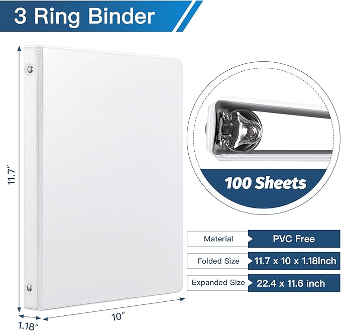 0.5-inch 3-Ring Binder with 2 Interior Pockets, 0.5'' Basic Binders Holds US Letter Size 8.5'' x 11''for Office/Home/Back to School, 6 Pack (White)