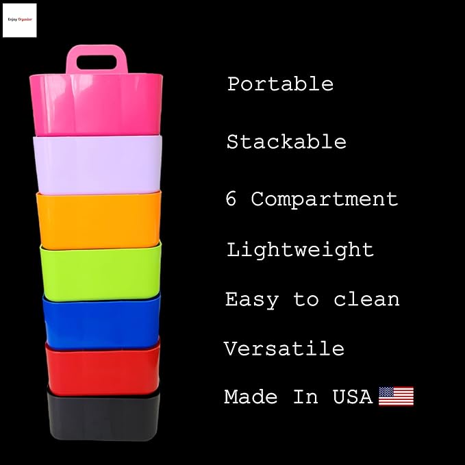 2 Pack Small 6 Compartment Multiuse Caddy Organizer with Handle Art Craft Supplies, Office, Desk, Stationery Pen Holder Stackable- Made In USA (Hot PInk)
