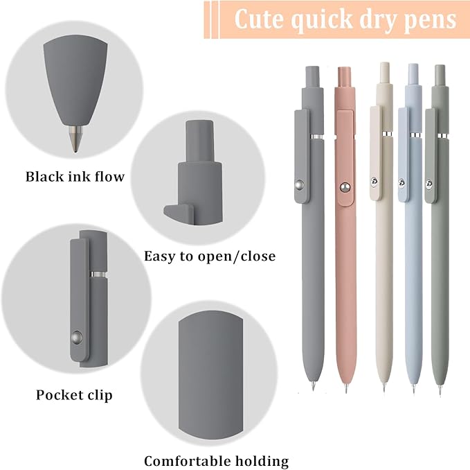 5pcs Gel Pens (0.5mm Tip), Retractable Quick Dry Black Ink Pens Fine Point Premium Cute Rolling Ball Smooth Writing Aesthetic Pens Comfort Grip for School Office Supplies (Morandi)
