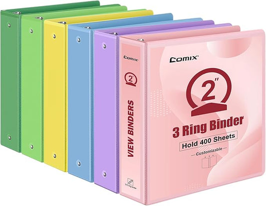 COMIX Standard 3 Ring Binder 2 inch with Clear View Cover, 2" Round Ring View Binder Holds 400 Sheets of US Letter Size Paper, 6 Pack (Multicolored)