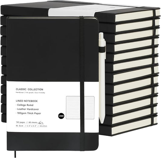 Coopay 12 Pack A5 Journal Notebook with 12 White Pens Bulk Classic Ruled Hardcover Leather Journal Set with Pen Holder for Men Women Writing Office Home School Business, 100GSM, 8.3” x 5.5” (Black)