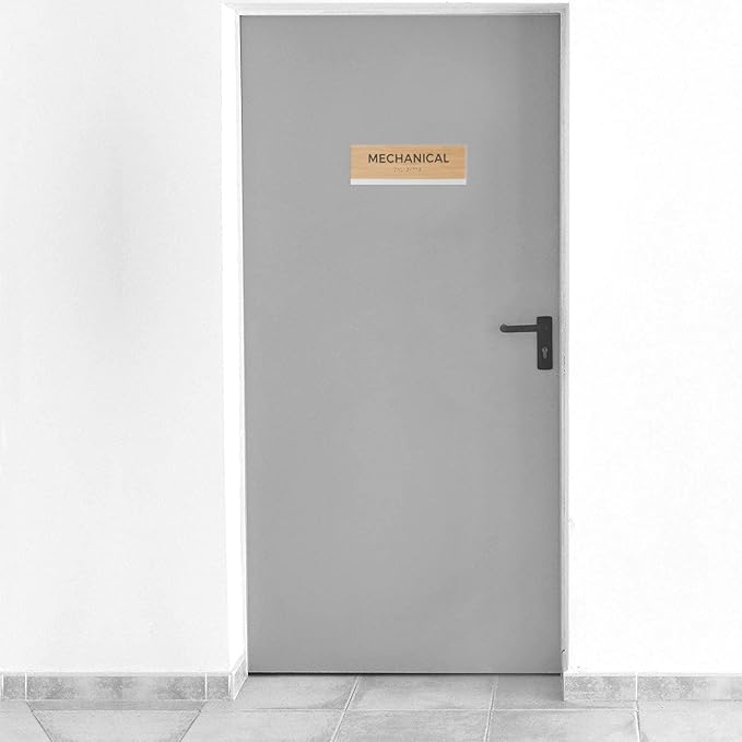 Mechanical Sign With Braille/Small Business Easy Adhesive Mount Door And Wall Sign / 3" x 9" Oak Woodgrain Design