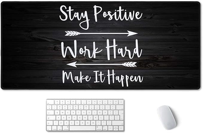 Extended Gaming Mouse Pad (35.5x15.7 in), Stay Positive Work Hard and Make It Happen Inspirational Quotes Art Rustic Black Old Wood White Quote Large Stable Rubber Base Mousepad with Stitched Edges