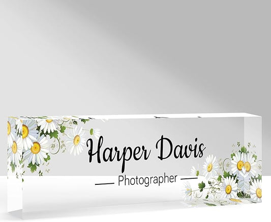 Custom Name Plate for Desk, Personalized Acrylic Office Name Sign with Name & Title, Elegant Desk Decor for Women Men, Employee Appreciation Gift (Sunflower)