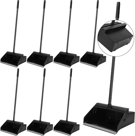 Leumoi 8 Pcs Dust Pans with Long Handle Set 36.6 Inch Commercial Dust Pan with Comb Large Plastic Stand up DustPans for Outdoor Indoor Restaurant Home Office Floor Cleaning (Black)