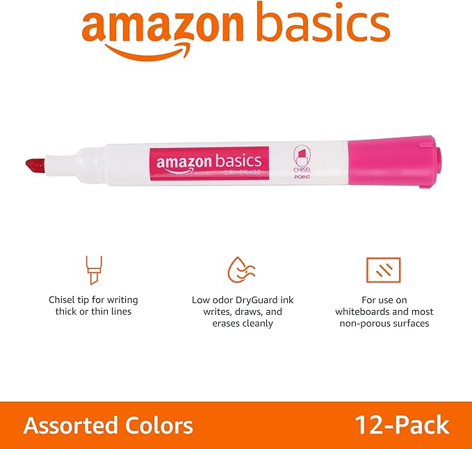 Amazon Basics Dry Erase Markers For Whiteboards, Chisel Tip, Low-Odor, Assorted Colors, Pack of 12