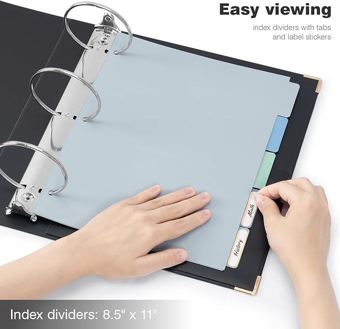 Ospelelf 3 Ring Binder, 3 Inch, Cute Letter Size (11" x 8.5") with 5 Tab Dividers, File Folder Labels and Low Profile Clipboards, Black Binder for School and Office Supplies